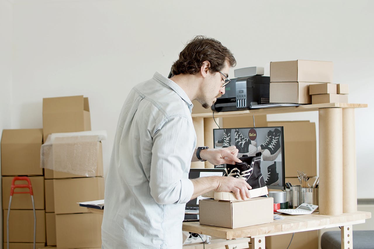about-01 A businessman working in an online store packing shoes in a cardboard box.